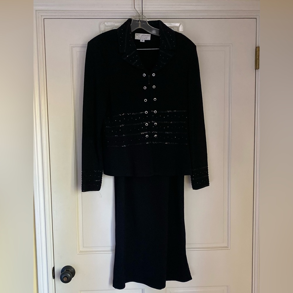 Elegant St John Evening wear.  Black beaded jacket and long skirt.